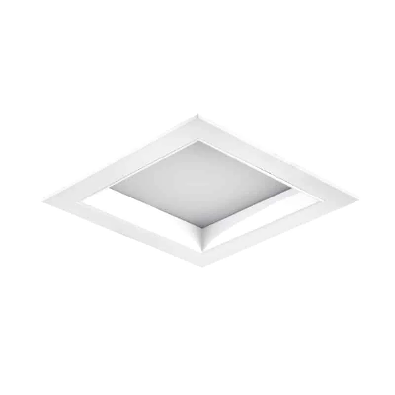 Downlight quadrado com aro branco e diferentes refletores