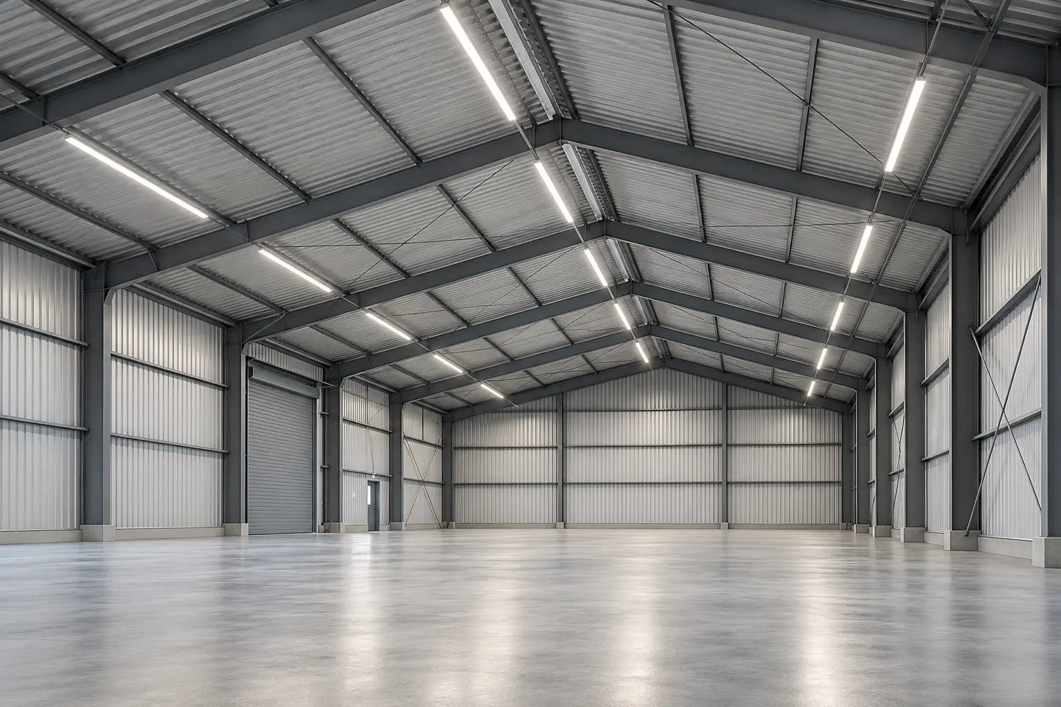 empty industrial hall linear led batten lighting