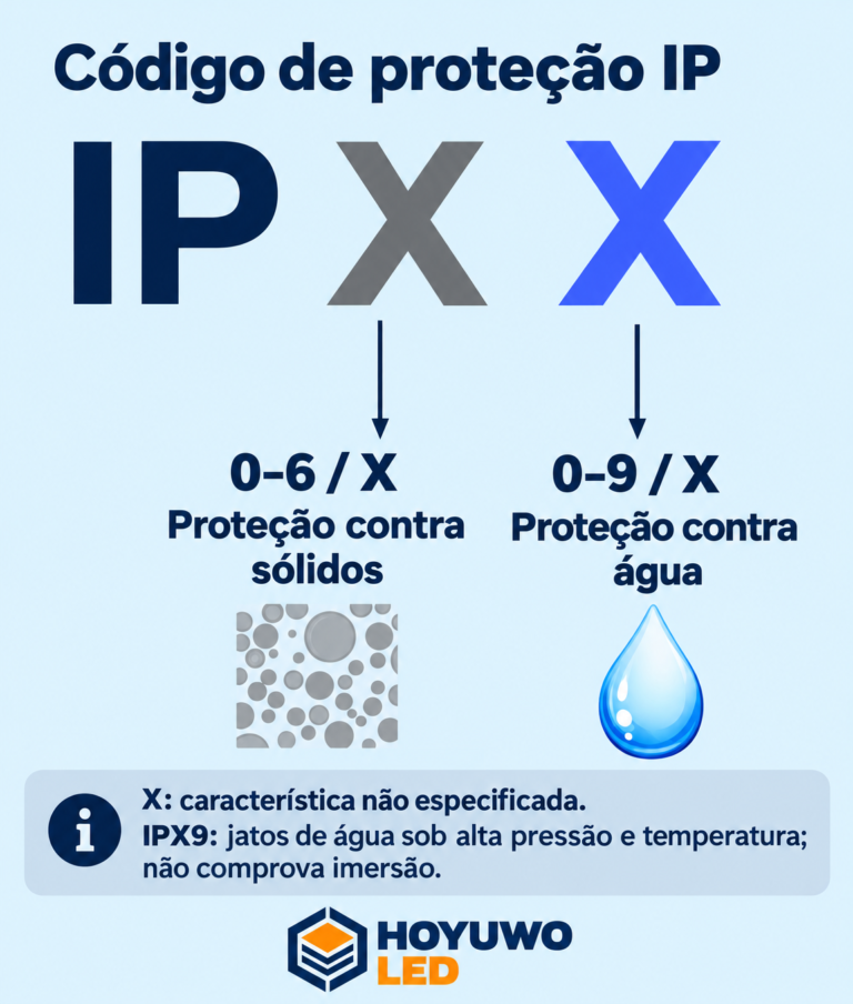Código IP: proteção contra sólidos e água, com algarismos ou X