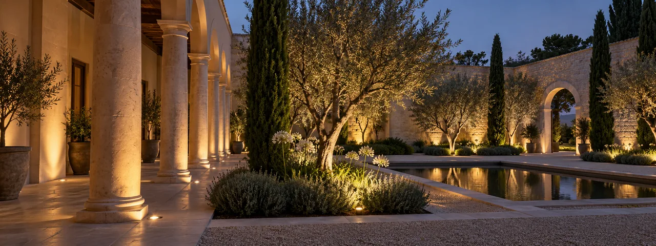 stone columns and planting led inground uplighting