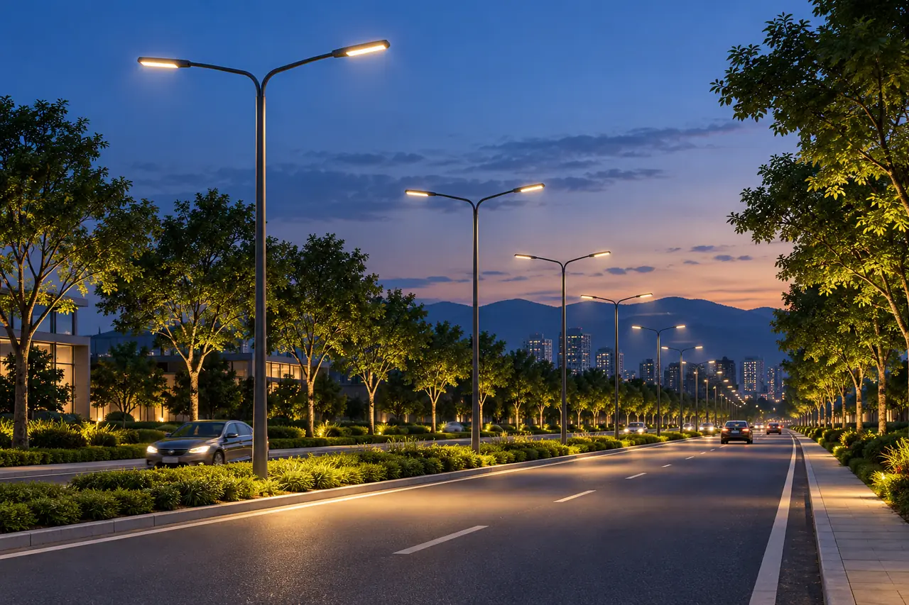 tree lined road led light poles at blue hour